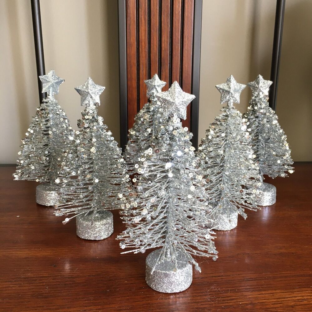 6 Silver Glitter Tabletop Decor Star Topped Bottle Brush Christmas Trees